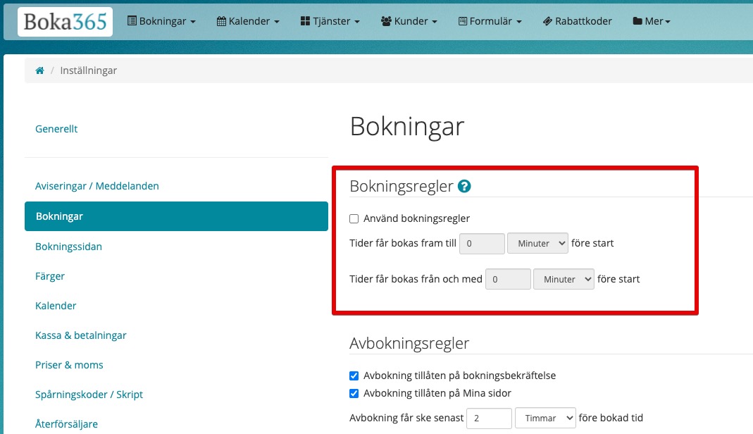 bokningsregler inställningar på konto 3 dagar